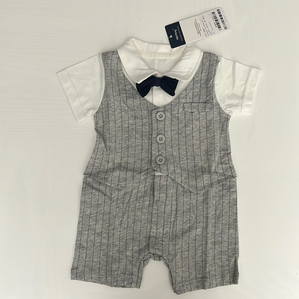 One piece onesie suit in gray and white.